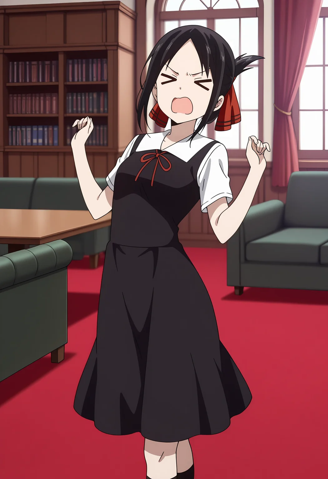 anime screencap, masterpiece, best quality,
<lora:Kaguya-samaWaKokurasetai_ShinomiyaKaguya_IlluXL:0.9>,
1girl, solo, open mouth, > <, angry,
folded ponytail, parted bangs, black hair, hair ribbon, red ribbon,
pinafore dress, medium dress, black dress, neck ribbon, red ribbon, white shirt, short sleeves,
kneehighs, black socks,
w arms, crossed legs, arched back, standing, looking at viewer,
indoors, table, bookshelf, window, red carpet, couch, photo background, blurry background