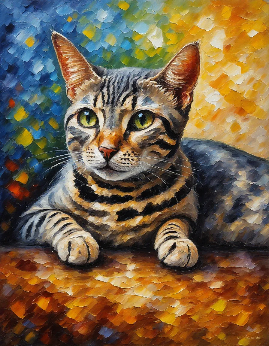 The image is a painting of a cat lying down on a wooden surface. The cat is a tabby with gray and black stripes on its body and green eyes. It is looking directly at the viewer with a curious expression. The background is a mix of blue, orange, yellow, and red colors, creating a vibrant and colorful effect. The painting is done in a realistic style, with the cat's fur and features clearly visible. The overall mood of the image is peaceful and serene.
<lora:LeonidAfremov01_rank64_bf16:1>