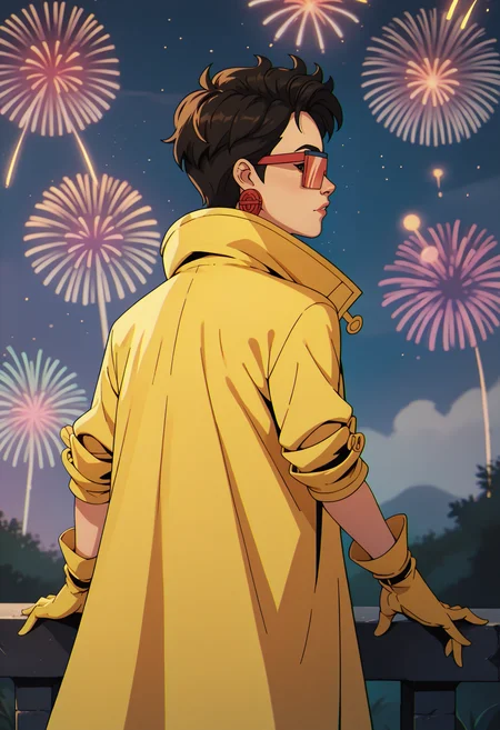 score_9, score_8_up, score_7_up, 1girl, solo, looking at viewer, from behind, clamJBLee97, cJsunglasses, yellow coat, yellow gloves, earrings, fireworks <lora:clamJubilee_xmen97PDXL:1>
