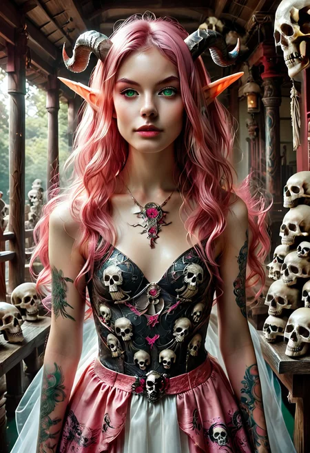 ((photorealistic)), ((1girl)), ((small_breasts:1.6)), score_9, score_8_up, score_7_up, score_6_up, score_5_up, ((25 years old)), detail face, long wavy hair, (((pink hair))), pink wavy hair, wavy hair, absent minded, perfect eyes, detailed skin, detailed decoration, warrior princess, arrogant, aloof, fancy dress, long dress, ball gown, ((diadem made of skulls)), ((diadem, made of skulls)), ((magic eyes)), ((green eyes)), horns, mystic background, shrine, elven shrine, science fiction, ((chest focus)), glowinglora, ((NightElf)), t4ts, tattoos, tattoo