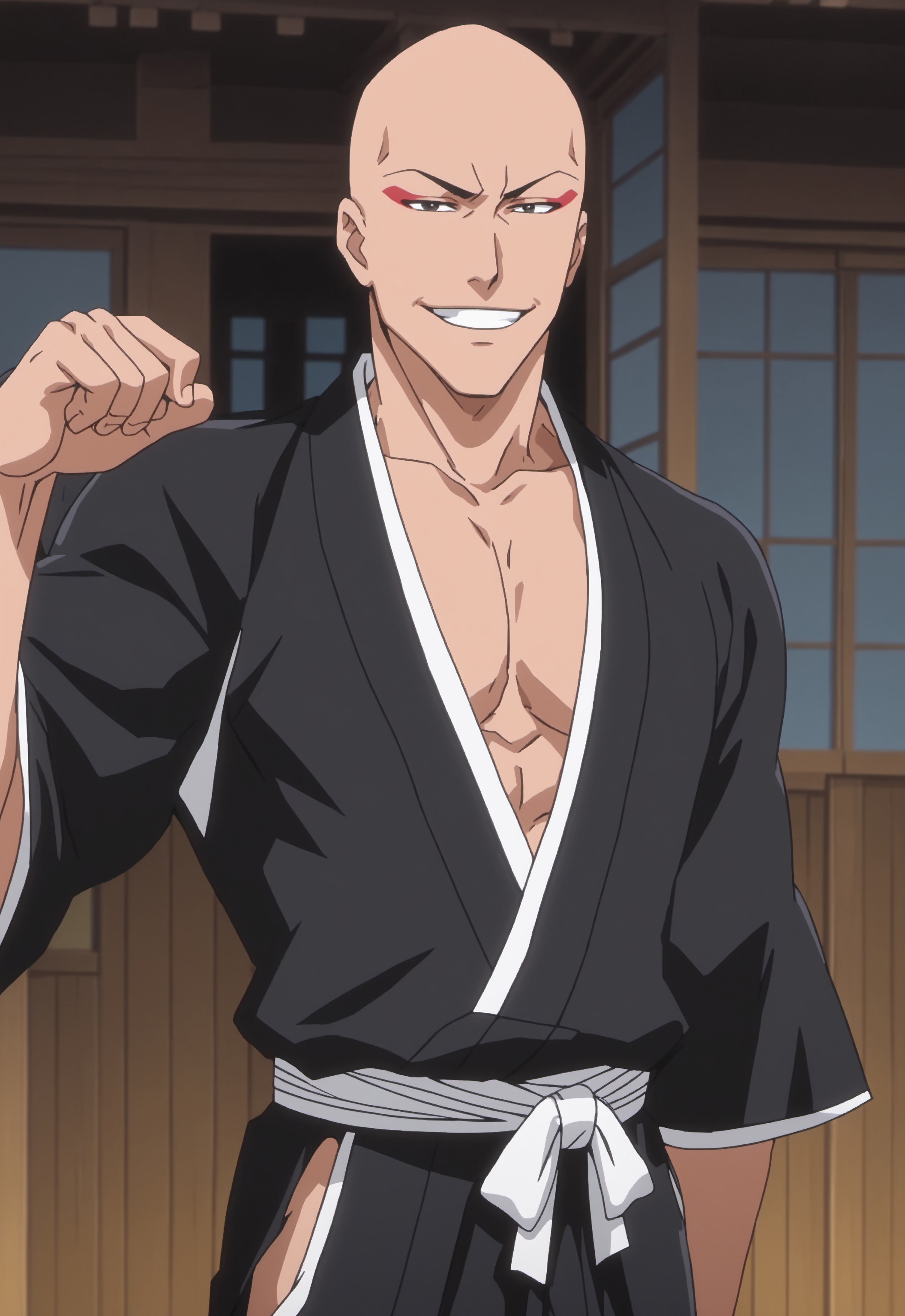 safe_pos, safe_pos, safe_pos, score_9, score_8_up, rating_nsfw, ultra hd, absurdres, best quality, best aesthetic, masculine, solo, 1boy, male focus, perfect proportions, handsome, erotic, alluring, hand with five fingers, mature male, coloured

BleachIkkaku, bald, japanese clothes, makeup, anime screencap, half body view, smiling, looking at viewer