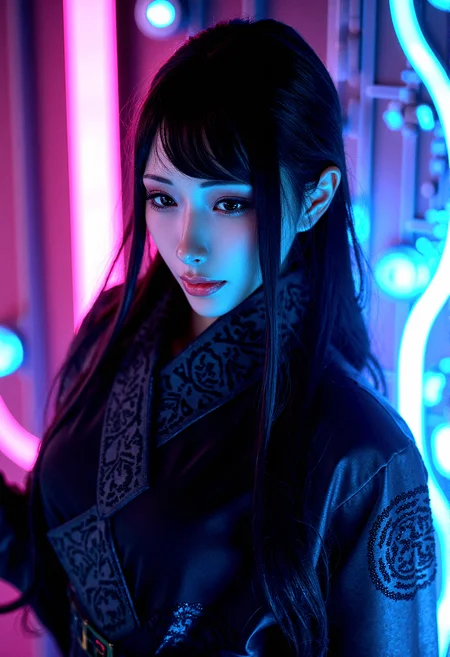 close-up of A powerful female mage with long dark hair and intricate robes, haneAme, holding a glowing magical staff, in a backdrop of a futuristic, neon-lit circuit board landscape, ultra-realistic textures, ultra-high definition, photorealistic, highly detailed, natural and dynamic lighting, realistic shadows, cinematic, hyperrealism.

The female mage is in Pensive Pose, a Character with a thoughtful expression, gazing downward.

