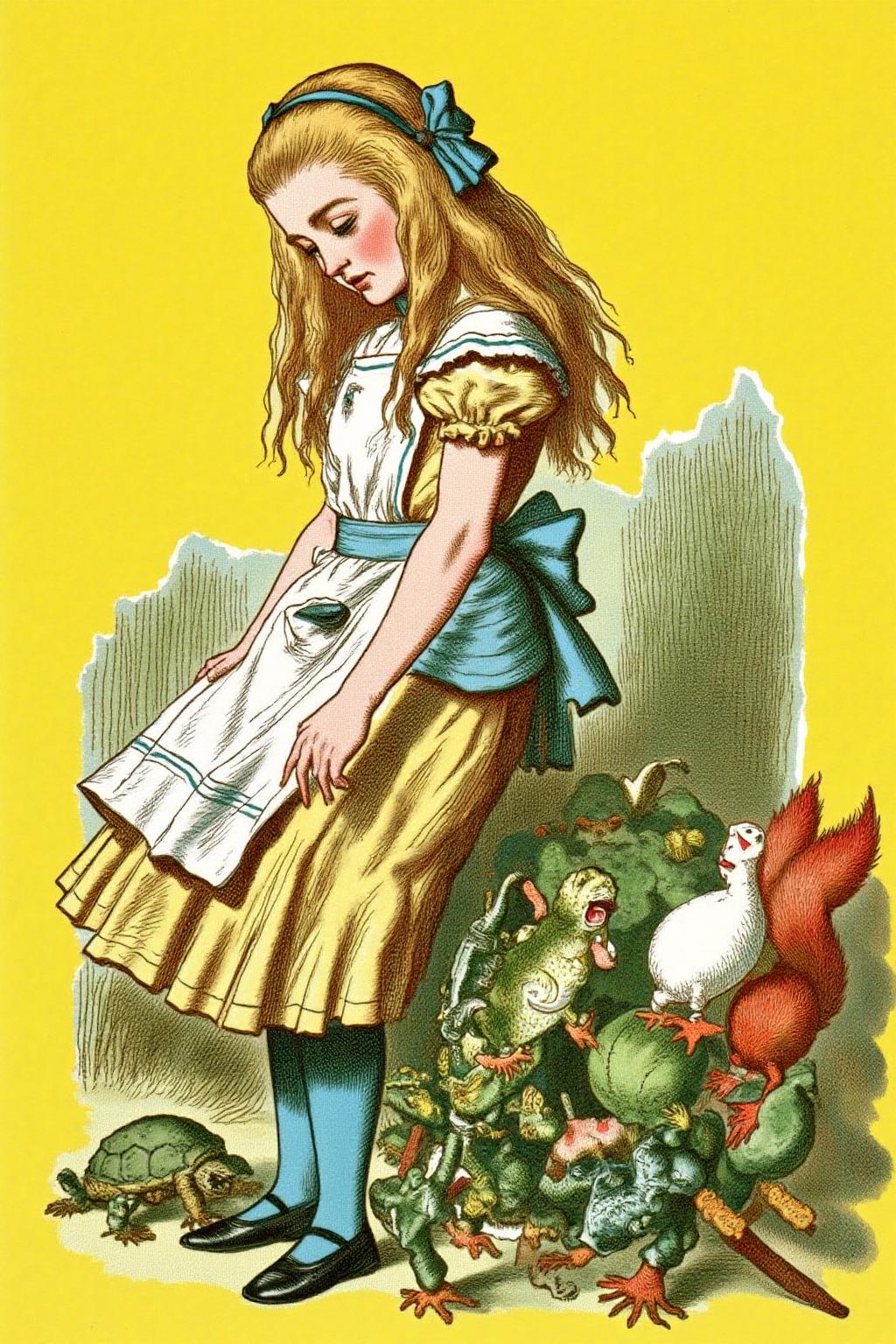 joten1 illustration.
a young girl, Alice in Wonderland, with long, flowing, light brown hair adorned with a blue ribbon. She wears a white apron over a yellow dress with a blue sash tied around her waist, typical of Victorian-era children's attire. Her expression is one of wonder and slight apprehension as she gazes down at a chaotic scene at her feet. There are lizard, turtle, frog and a squirrel, all trying to run away. <lora:joten1_cap_d6a3e12:1.0><lora:821774935048409633:0>