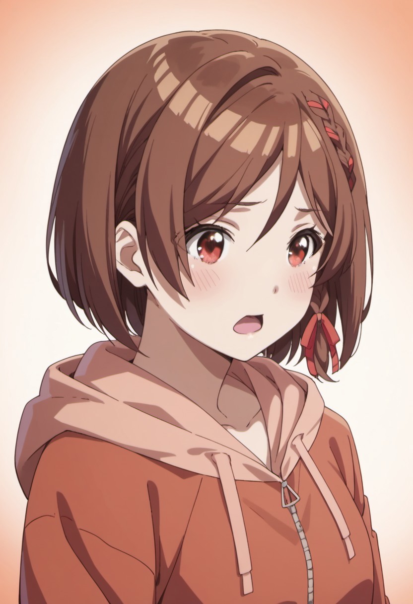 score_9, score_8_up, score_7_up, source_anime, sakuramori akane, short hair, brown hair, red eyes, 1girl, solo, braid, hood, hoodie, hair ribbon, ribbon, hood down, upper body, open mouth, blush