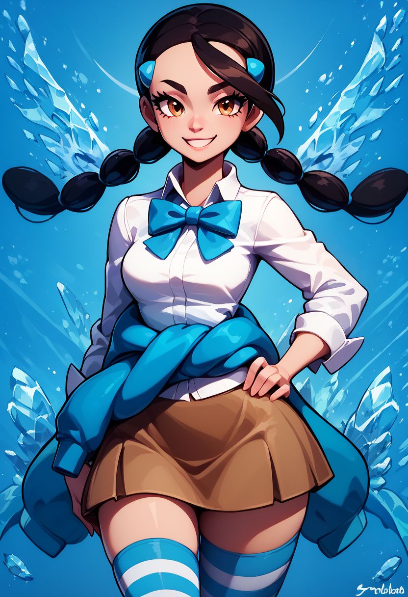 score_9, score_8_up, score_8, medium breasts, (curvy), cute, eyelashes, 
BREAK, 
zzCandice,  hair ornament, twintails,  hairclip, striped socks, bowtie,  sweater around waist, brown skirt,
cowboy shot, smile, smug, hand on hip, wide hips, 
BREAK, 
zPDXL, Expressiveh p4st3lg0r3,
abstract ice background, blue theme, color splash,