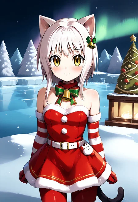 ctiank0nek0, cat ears, cat tail, christmas, dress, bare shoulders, bell, striped, red dress, neck bell, belt,medium shot, centerfold, looking at viewer, cute Scaislwanglamb, sky, outdoors, aurora, Snow, starry sky, Water, Cloud, Night, Waterfall, background, ,Tr33,scenery,tree,outdoors,christmas tree,snow,christmas
