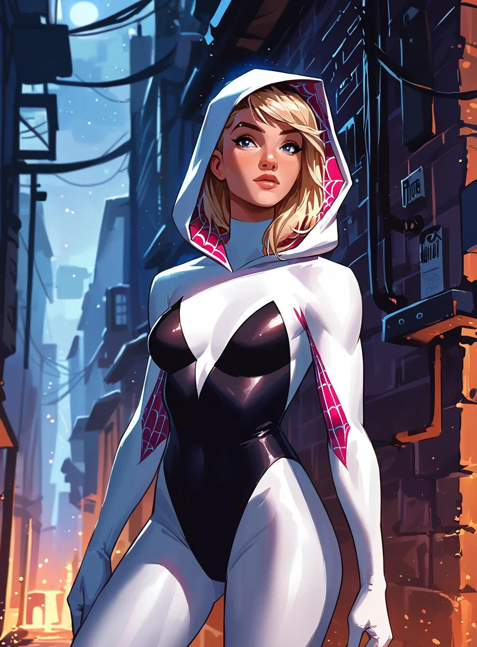 score_9, score_8_up, score_7_up, 1girl, <lora:classcompxl:0.6>, classcompxl, vibrant color, marvel, dark alley, darkness, shadows, night, spider-gwen, white suit,