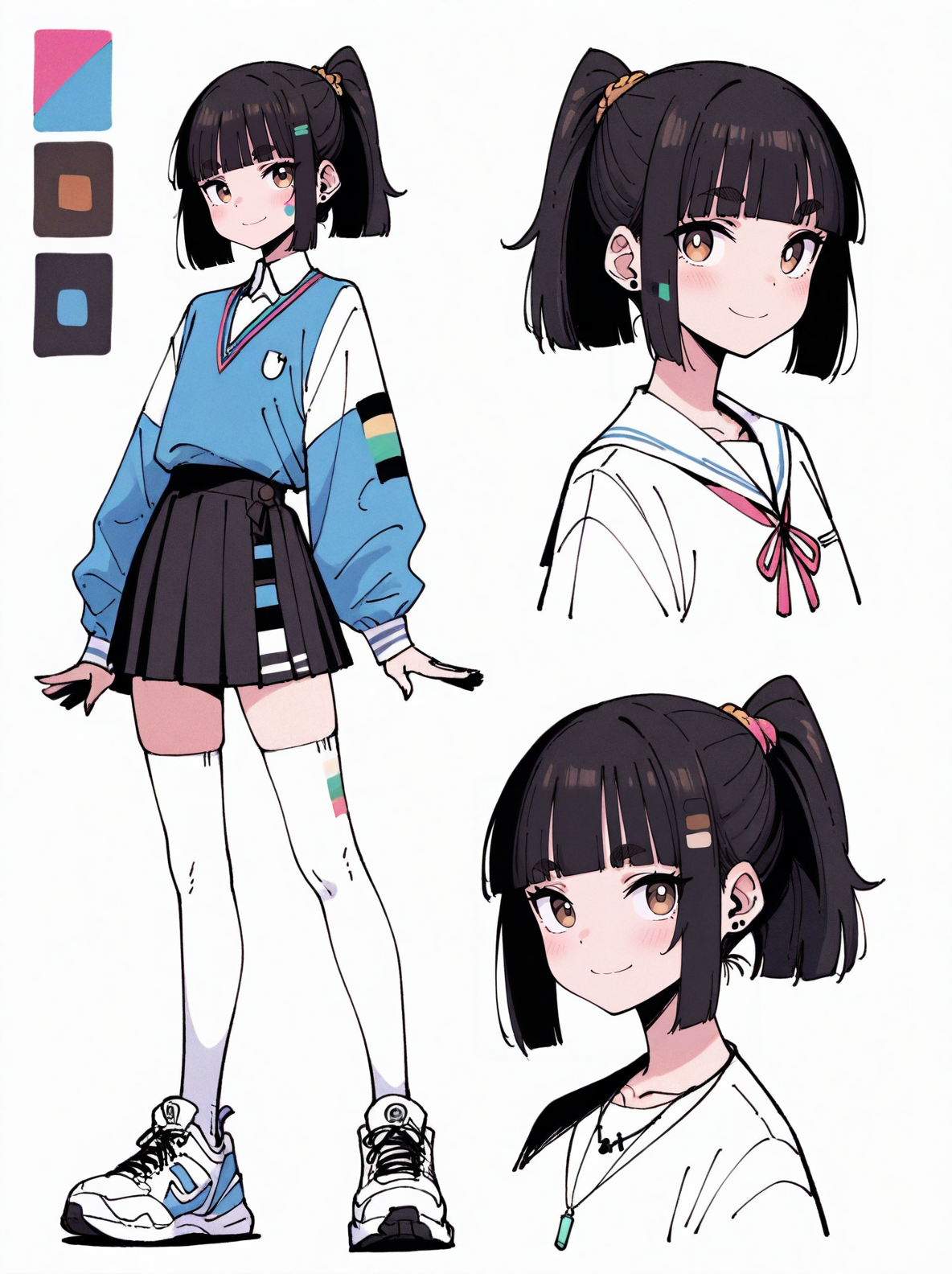 highres, hi res, best quality, masterpiece, intricate details, absurdres, 4k,, CharacterDesignIllustrious, reference sheet, simple white background, (color guide:1.2), (multiple views), (full body), dynamic pose,
1girl, medium hair, black hair, blunt bangs, brown eyes, ponytail, cute pose, school uniform, white thighhighs, flat chest, sneakers, fantasy clothes, necklace, smile,
<lora:CharacterDesignIllustrious_Concept-10V2:0.85>, <lora:furu00tck:0.8>,