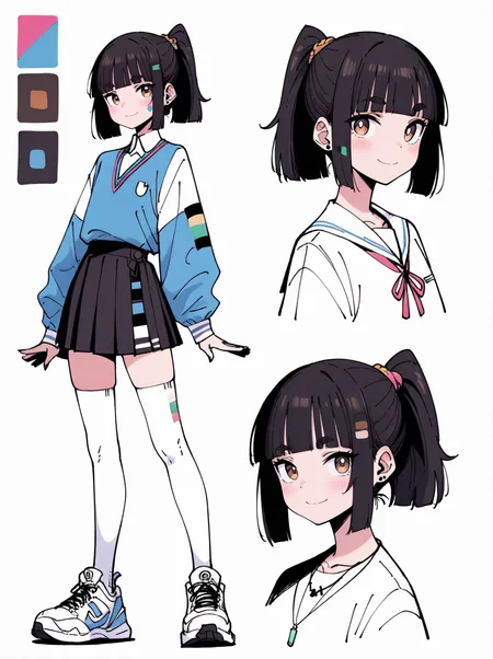 highres, hi res, best quality, masterpiece, intricate details, absurdres, 4k,, CharacterDesignIllustrious, reference sheet, simple white background, (color guide:1.2), (multiple views), (full body), dynamic pose,
1girl, medium hair, black hair, blunt bangs, brown eyes, ponytail, cute pose, school uniform, white thighhighs, flat chest, sneakers, fantasy clothes, necklace, smile,
<lora:CharacterDesignIllustrious_Concept-10V2:0.85>, <lora:furu00tck:0.8>,
