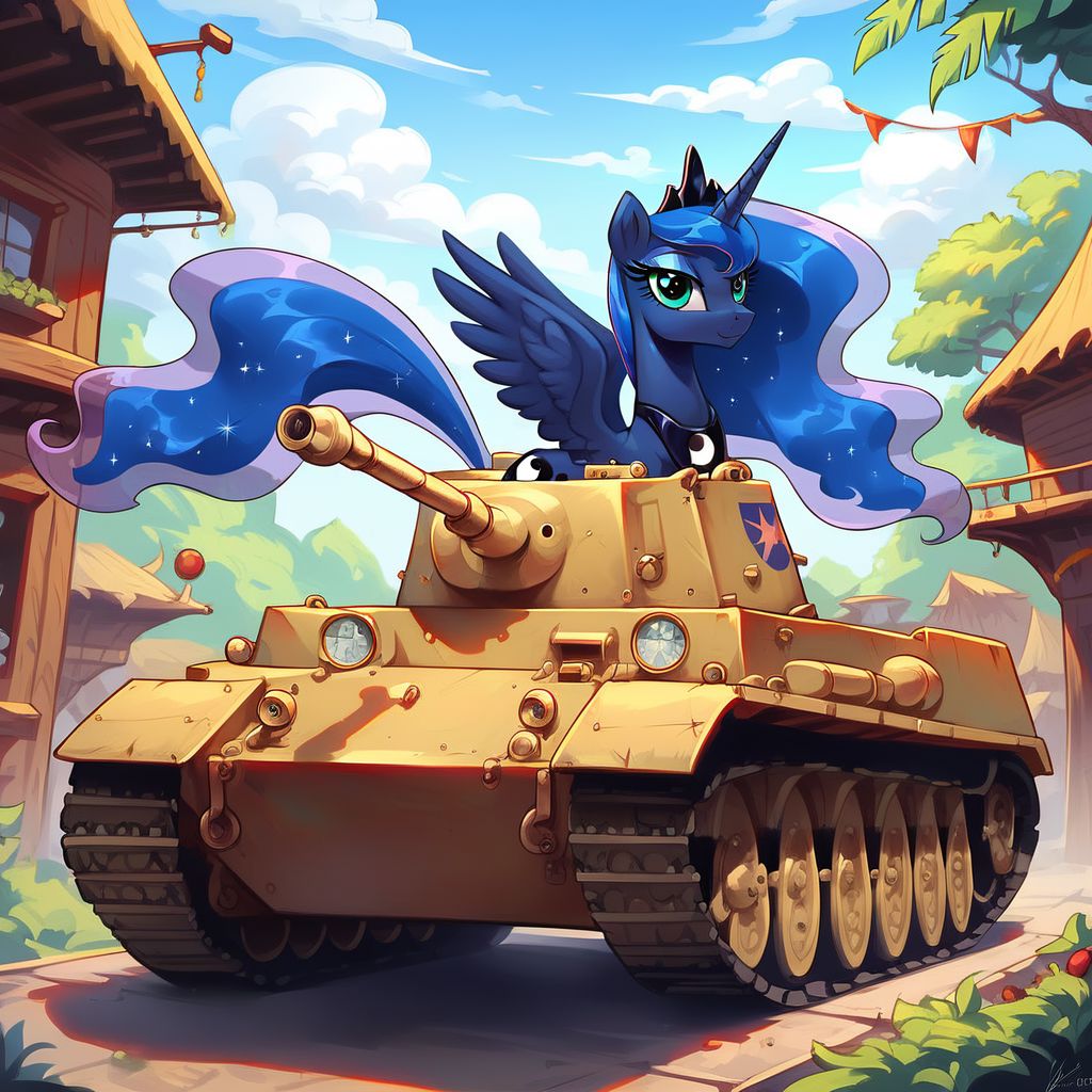 masterpiece, score_9, score_8_up, score_7_up, (best quality:1.1), ultra-detailed, high resolution, 1character, Princess Luna, alicorn, (tank, Princess Luna on a tank, tank commander, ground vehicle, military vehicle, caterpillar tracks), (((beautiful detailed eyes))), Long eyelashes, outdoors, Looking At Viewer, Highly Visible, (((8k))), MLP, G4, Lunar empire, from Equestria at War, female, militaristic outfit, sharp focus, perfect lighting, beautiful eyes, detailed outfit, long eyelashes, anatomically correct, extremely detailed, (in the wpjen trenches), shine on body, high detail, cute face, Expressiveh, detailed background, OverallDetail, zPDXL2