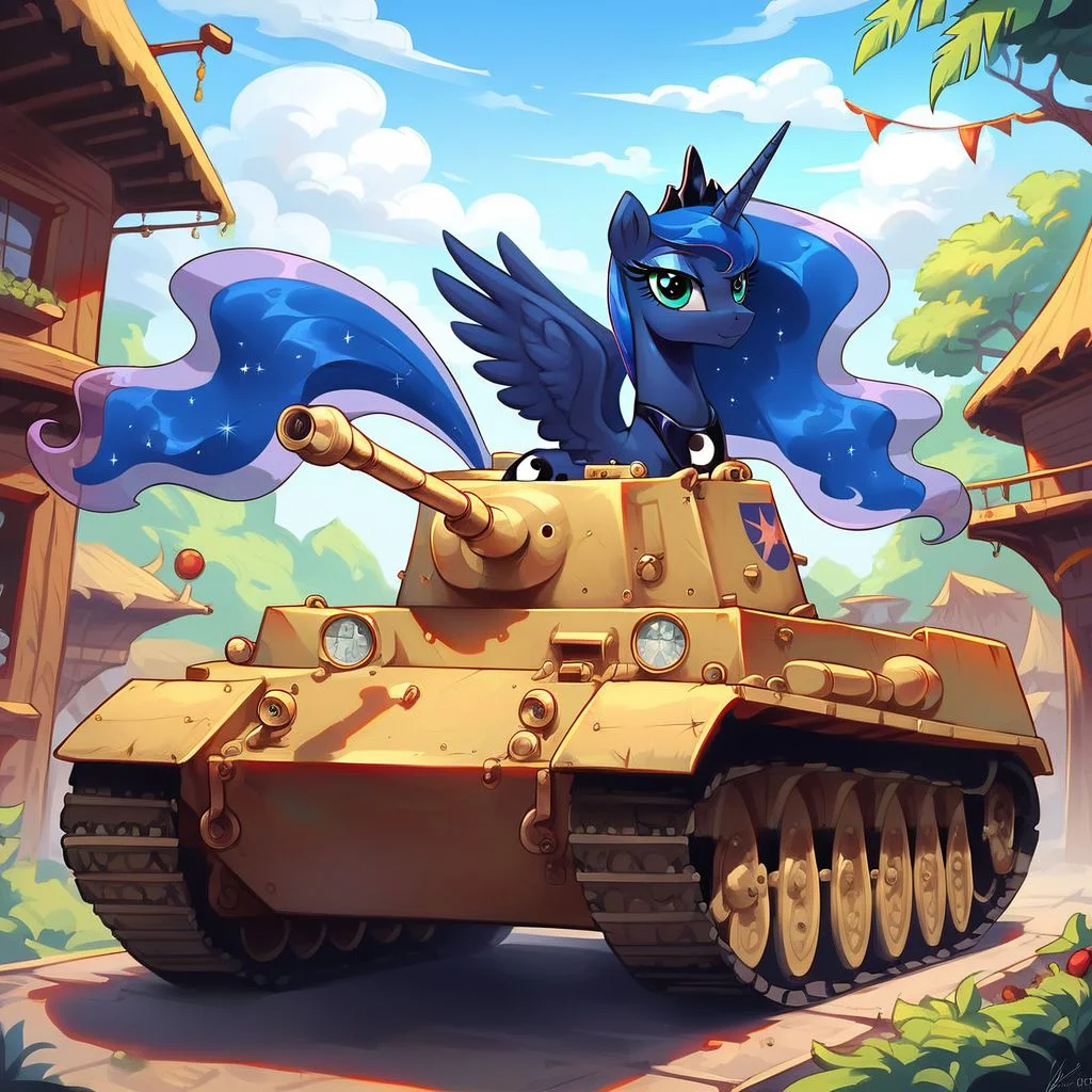 masterpiece, score_9, score_8_up, score_7_up, (best quality:1.1), ultra-detailed, high resolution, 1character, Princess Luna, alicorn, (tank, Princess Luna on a tank, tank commander, ground vehicle, military vehicle, caterpillar tracks), (((beautiful detailed eyes))), Long eyelashes, outdoors, Looking At Viewer, Highly Visible, (((8k))), MLP, G4, Lunar empire, from Equestria at War, female, militaristic outfit, sharp focus, perfect lighting, beautiful eyes, detailed outfit, long eyelashes, anatomically correct, extremely detailed, (in the wpjen trenches), shine on body, high detail, cute face, Expressiveh, detailed background, OverallDetail, zPDXL2