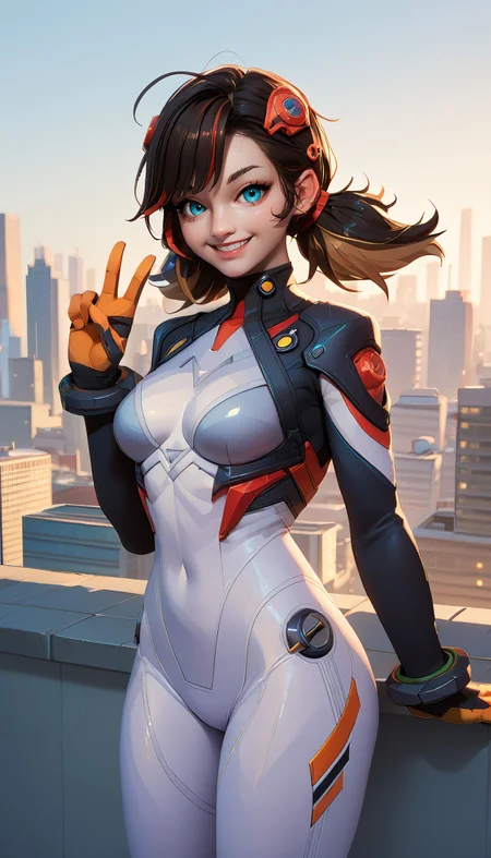 zPDXL3,<lora:LunarCAT_Style:.8>, <lora:PeniParkerMR:.7>,
pniprkrmr,woman, brown hair,multicolored hair,twintails,bangs,blue eyes,hair ornament, white bodysuit, looking at viewer, smiling, standing, peace sign, outside, city, rooftop, blue sky,