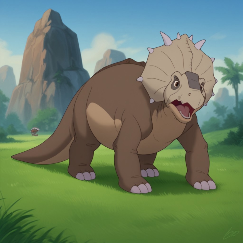 score_9, score_8_up, score_7_up, score_6_up, score_5_up, score_4_up, source_furry, thicknoselbt, feral, male,dinosaur, crest, spikes, Pachyrhinosaurus, brown skin, brown eyes,, standing, in a grassy field, open mouth