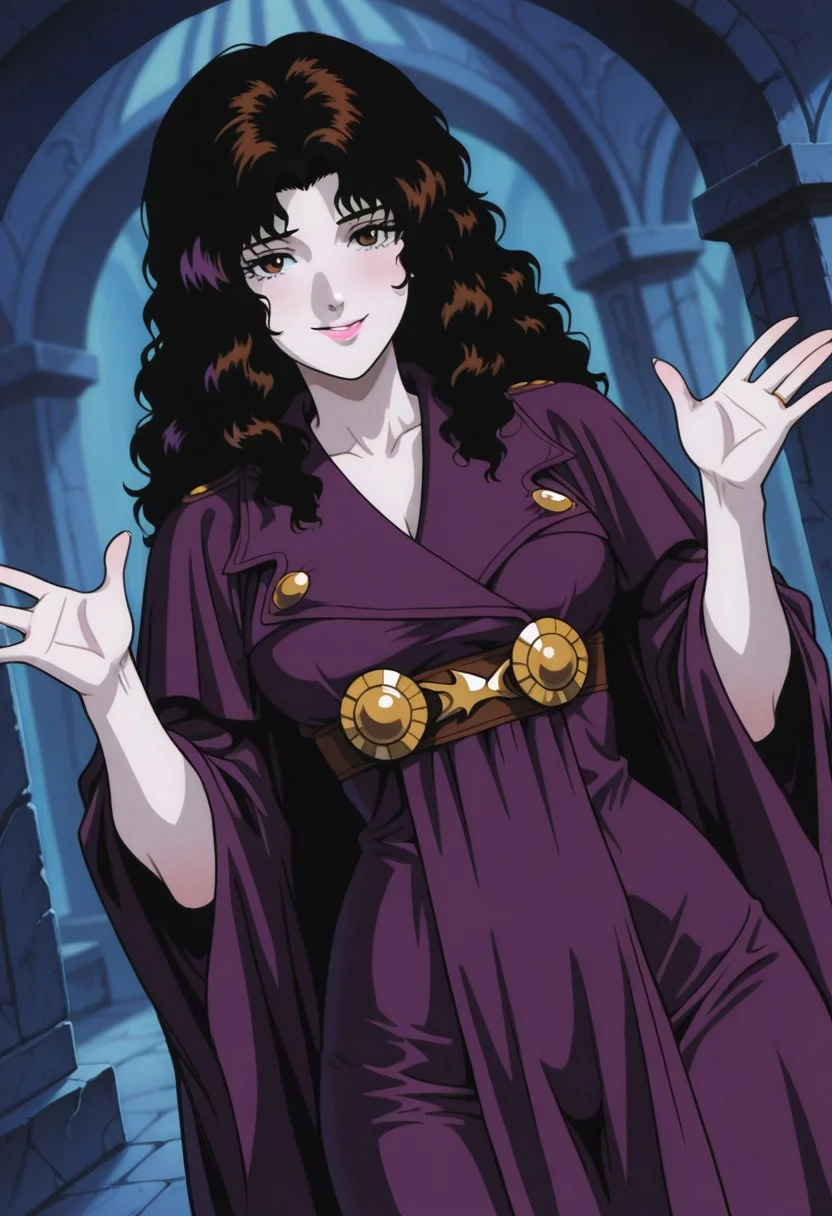 RemiMasudaCCO808, 1girl, solo, vampire, dark brown hair, curly hair, thick hair, long hair, brown eyes, nose, pink lips, eyelashes, collarbone, large breast, dark purple cloak, long wide sleeves, white dress under cloak, large golden  buttons, collar,
,seductive pose, sexy pose, tease, 
masterpiece, best quality, ultra-detailed, very aesthetic, detailed background, very aesthetic, newest, scenery, highres, 4k, absurdres, 8k, colorful,vibrant, glowing, perfect face, 2d, perfect eyes, detailed eyes, 
 masterpiece, best quality, ultra-detailed, very aesthetic, newest, scenery, absurdres, perfect anatomy, , perfect face, perfect eyes, mature body, clear eyes, beautiful eyes, athletic, curvy body, athletic girl, perky tits, perfect tits, round breasts, pinup pose, teasing, lustful expression,
muscular female, dutch angle,
 naughty smile,  
,detailed lips,Smooth Negative, highres, absurdres,   uncensored,