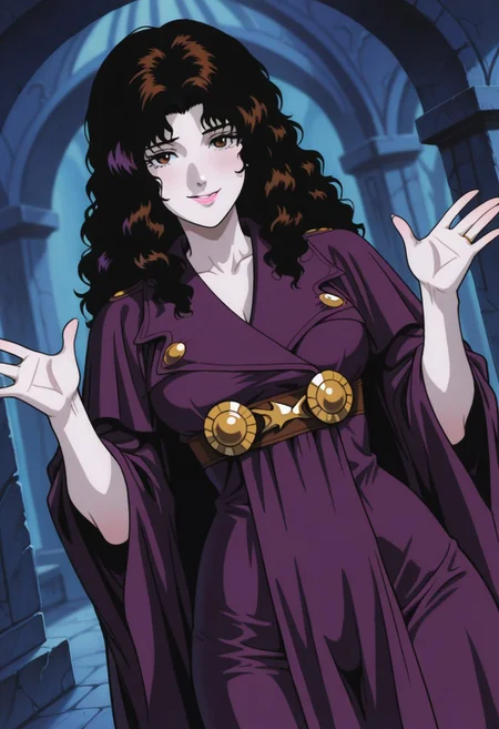 RemiMasudaCCO808, 1girl, solo, vampire, dark brown hair, curly hair, thick hair, long hair, brown eyes, nose, pink lips, eyelashes, collarbone, large breast, dark purple cloak, long wide sleeves, white dress under cloak, large golden buttons, collar,
,seductive pose, sexy pose, tease,
masterpiece, best quality, ultra-detailed, very aesthetic, detailed background, very aesthetic, newest, scenery, highres, 4k, absurdres, 8k, colorful,vibrant, glowing, perfect face, 2d, perfect eyes, detailed eyes,
masterpiece, best quality, ultra-detailed, very aesthetic, newest, scenery, absurdres, perfect anatomy, , perfect face, perfect eyes, mature body, clear eyes, beautiful eyes, athletic, curvy body, athletic girl, perky tits, perfect tits, round breasts, pinup pose, teasing, lustful expression,
muscular female, dutch angle,
naughty smile,
,detailed lips,Smooth Negative, highres, absurdres, uncensored,
