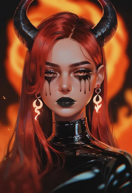 score_9, score_8_up, score_7_up, score_6_up, VitWaterStyle, 1girl, long red hair, horns, dark eyes, black lipstick, glossy makeup, teardrop makeup, black latex outfit, choker, large earrings, fiery background, blurry background, warm lighting, indoor, detailed