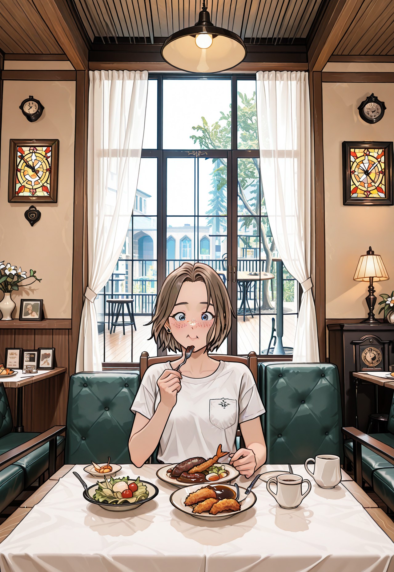 masterpiece,RobynSpade, Short hair, Brown hair, freckles, blue eyes, masterpiece, best quality, amazing quality, 1girl, solo, kissaten, japanese cafe, sitting, 1girl, solo, food, cup, plate, meat, table, wooden table, mug, hamburger steak, okosama lunch, salad, shrimp,rice, fried shrimp, glass, soup, holding fork, eating, (masterpiece:1.3), best quality, high resolution, unity 8k wallpaper, (illustration:1.2), 8K, wide angle,INDOORS, WINDOW, CHAIR, TABLE, SCENERY, LAMP, PAINTING \(OBJECT\), STAINED GLASS, SUNLIGHT, PLANT, COUCH, WOODEN FLOOR, CLOCK, POTTED PLANT, LAMP, CURTAINS, VASE, FLOWER POT, FLOWER, TREE, CUP, REFLECTION, CEILING LIGHT, STOOL, SHELF, TABLECLOTH,