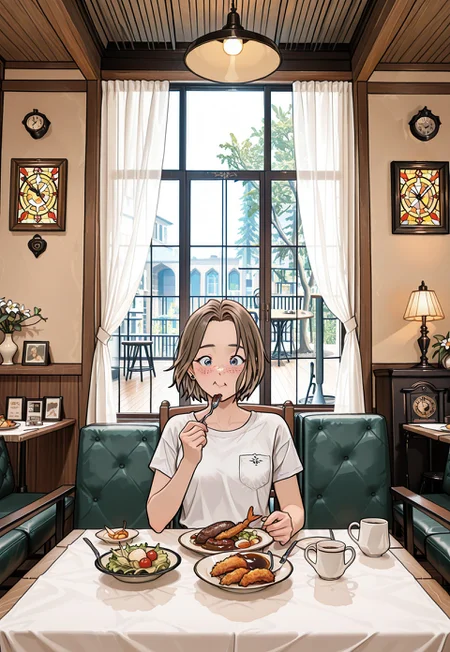 masterpiece,RobynSpade, Short hair, Brown hair, freckles, blue eyes, masterpiece, best quality, amazing quality, 1girl, solo, kissaten, japanese cafe, sitting, 1girl, solo, food, cup, plate, meat, table, wooden table, mug, hamburger steak, okosama lunch, salad, shrimp,rice, fried shrimp, glass, soup, holding fork, eating, (masterpiece:1.3), best quality, high resolution, unity 8k wallpaper, (illustration:1.2), 8K, wide angle,INDOORS, WINDOW, CHAIR, TABLE, SCENERY, LAMP, PAINTING \(OBJECT\), STAINED GLASS, SUNLIGHT, PLANT, COUCH, WOODEN FLOOR, CLOCK, POTTED PLANT, LAMP, CURTAINS, VASE, FLOWER POT, FLOWER, TREE, CUP, REFLECTION, CEILING LIGHT, STOOL, SHELF, TABLECLOTH,