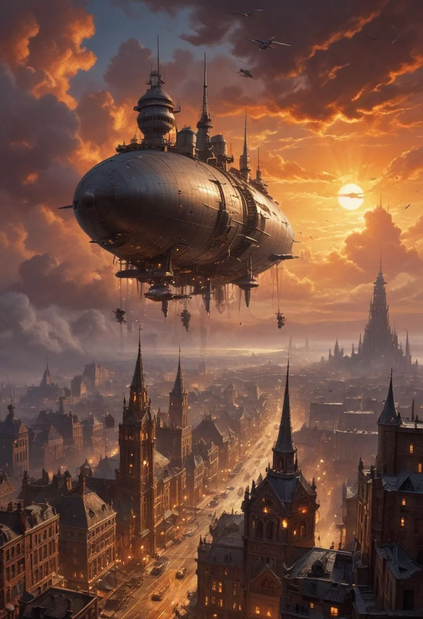 Arial, downward angled, expansive photograph, ((colossal flying city in the sky is hovering ahead at a distance), in a (dramatic sky streaked with orange and hues of a setting sun), (the flying city, is supported by massive, churning propellers and jet engines spewing thick black smoke)), 
((The flying city's cityscape is a labyrinth of metal and rivets, with jagged spires and towers bristling with antennas, pipes,  radar dishes, suspended walkways and bridges connect various parts of the city, rust-streaked fuel tanks and oil drums are bolted onto buildings, connected by thick tubes), (buildings vary from gothic cathedrals with stained glass windows to utilitarian factories with soot-stained chimneys)),
<<BREAK>>
((A cluster of zeppelins and airships hovers near the flying city, docked to gantries, below, a massive rotating turbine creates a shimmering heat haze, adding to the city's fortress-like presence),
((The industrial aesthetic, scene is illuminated by the warm glow of incandescent lamps and occasional sparks from welding torches, highlighting the contrast between the mechanical and the signs of human life))