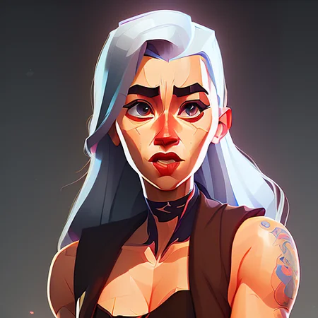arcane style; anaglyph effect full body portrait of a in shape, skin-and-bone, Proud nanny woman, Stately, v-shaped eyebrows, with gray undercut wearing toga , digital art, trending on artstation, highly detailed, fine detail, intricate, outrun, vaporware