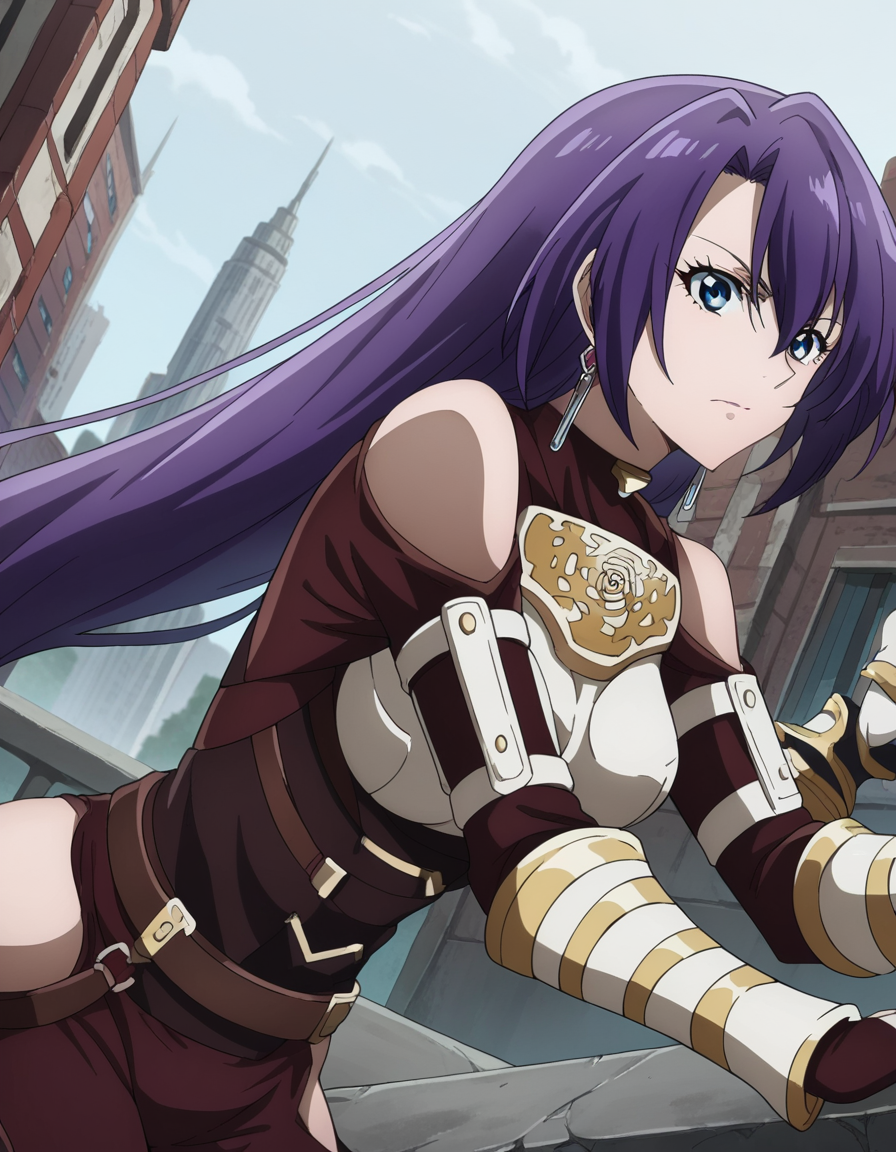 score_9, score_8_up, score_7_up, source_anime,
arthurpencilgon, <lora:arthur-pencilgon-ponyxl-lora-nochekaiser:1>,
arthur pencilgon, long hair, blue eyes, hair between eyes, very long hair, purple hair,
gloves, belt, armor, clothing cutout, breastplate, bare shoulders, earrings,
outdoors, cityscape, bent over,
looking at viewer, dutch angle, cowboy shot,