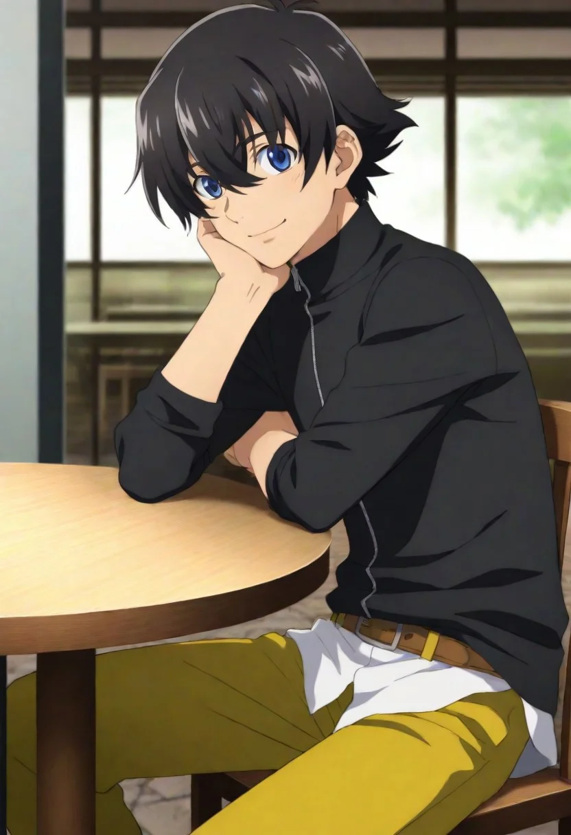 ((High quality, HD Illustration, very clear)), 1male, anime, male focus, ((1male only, solo male only, one male character only)), Yukiteru Amano, black hair, blue eyes, long sleeves black turtleneck shirt, untucked white undershirt, belt, olive yellow shorts, cowboy shot, ((happy, smile)), ((sitting on chair, table, arm on table)), ((public outside, cafe))