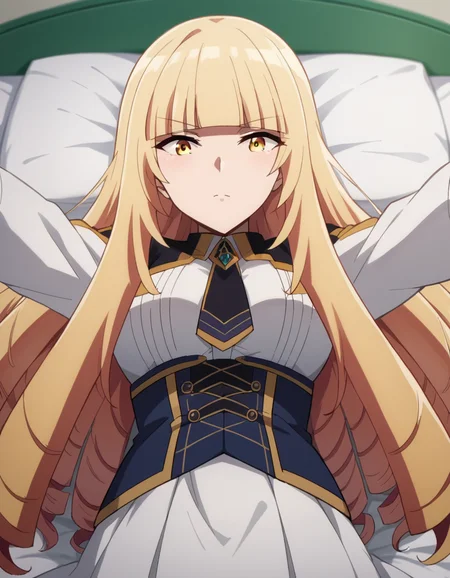 score_9, score_8_up, score_7_up, source_anime,
orianarose, <lora:oriana-rose-ponyxl-lora-nochekaiser:1>,
oriana rose, long hair, blonde hair, yellow eyes, drill hair, bangs, blunt bangs, mature female,
skirt, jacket, necktie, white skirt, corset,
indoors, bed, bed room, on back, arm support, arms up, incoming hug, pov, reaching, reaching towards viewer,
looking at viewer, dutch angle,
