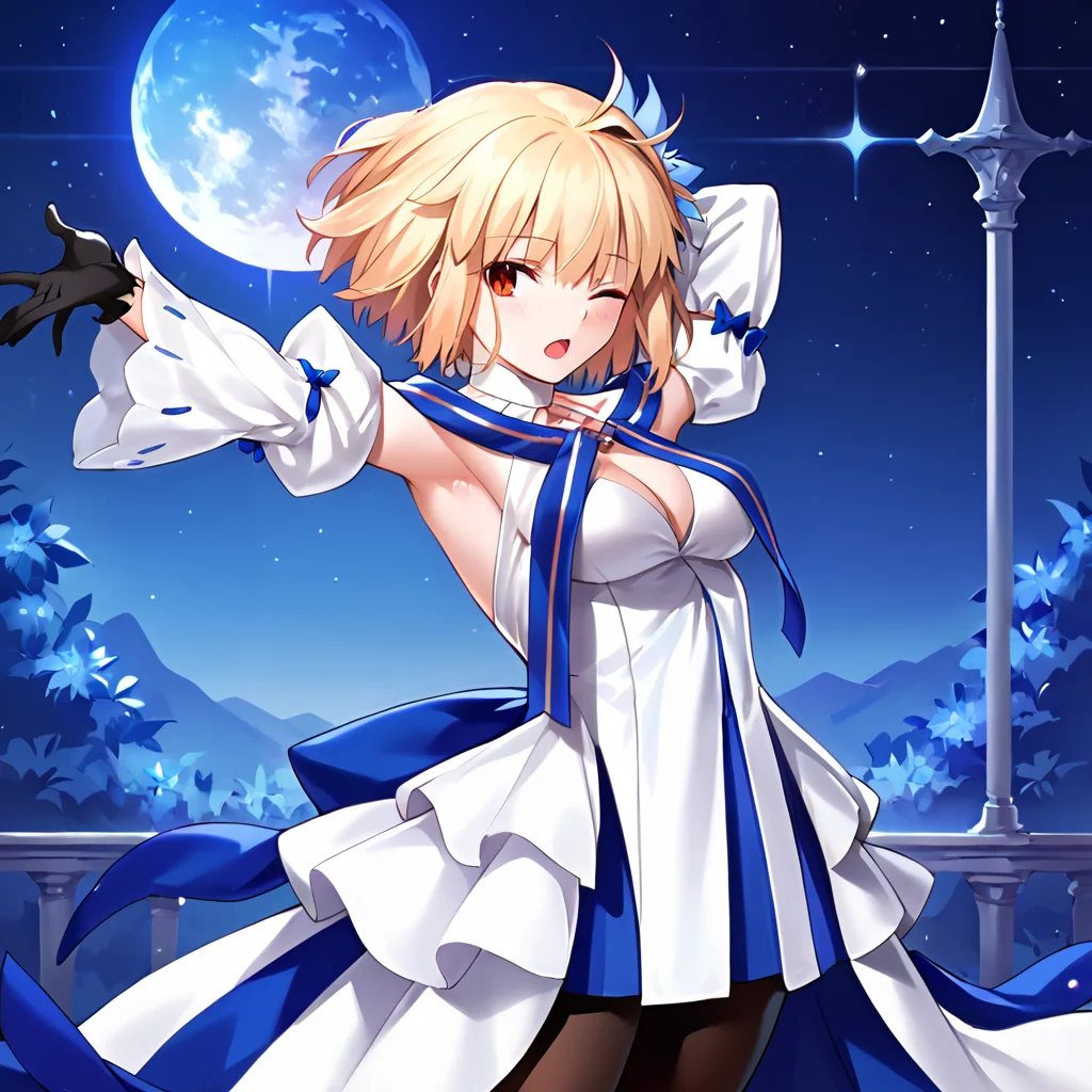 1girl, solo, arcueid, red eyes, slit pupils, blonde hair, pantyhose, breasts, gloves, short hair, detached sleeves, cleavage, flower, black pantyhose, black gloves, hair ornament, dress, white dress, bare shoulders, bangs, skirt, multicolored skirt, choker, ribbons, light blue hair flower, looking at viewer, (blush:1.1), night sky, full moon, (stretching:1.2), (arms behind head:1.2), arms up, open mouth, one eye closed,
score_9, score_8_up, score_7_up, masterpiece,
<lora:Archetype_Earth:0.8>