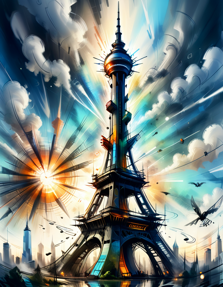 doodle, croquis, exciting kaleidoscopic skytower in a ethereal atmosphere at sundawn, smoke