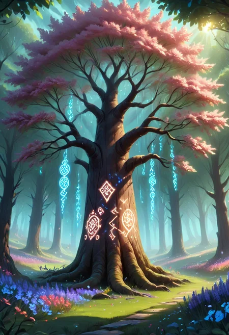 Glowing runes, a cartoon painting landscape, beautiful tree with glowing runes all over it, forest background, flowers