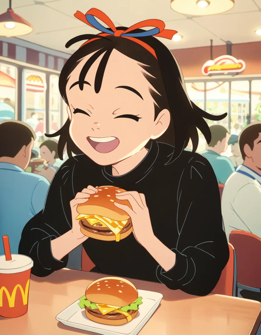 score_9, score_8_up, score_7_up, source_anime, <lora:kikimac-ponyxl-000009:0.9> 1girl, solo, kikimac, hair ribbon, black dress, dress,
smile, open mouth, closed eyes, upper body, holding food, facing viewer, burger, cheese, lettuce, french fries, disposable cup, indoors, mcdonald's