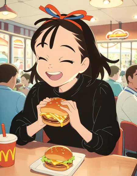 score_9, score_8_up, score_7_up, source_anime, <lora:kikimac-ponyxl-000009:0.9> 1girl, solo, kikimac, hair ribbon, black dress, dress,
smile, open mouth, closed eyes, upper body, holding food, facing viewer, burger, cheese, lettuce, french fries, disposable cup, indoors, mcdonald's