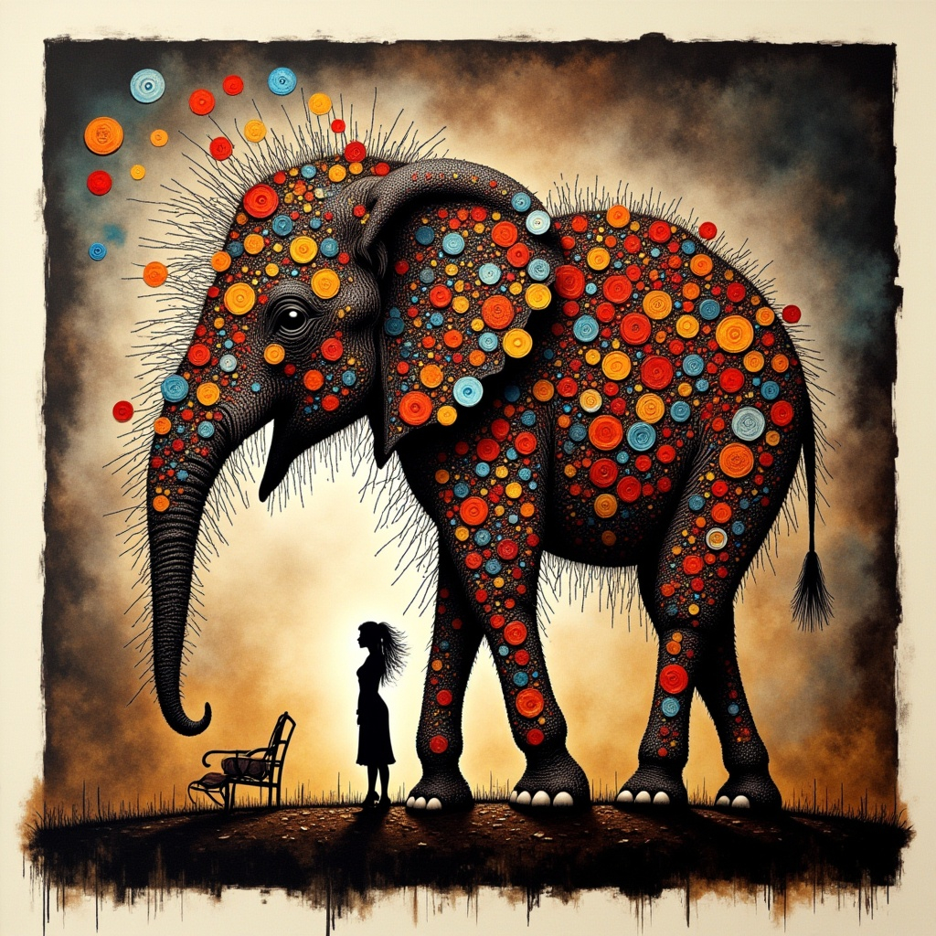 Create an artistic-scientific explosion that defies conventional form,. A psychedelic mind conorting journey on an elephant made of compact disks Now, let's see pure, unfiltered creative chaos. Expressive Watercolor Ink Wash, Inkplash art on rice paper, sepia, henna , Silhouette Art, magnificent, stunning  long flowing cyber wire hair, sidelocks, dark eyeshadow, red lips, candy apple red ceramic plates direct gaze, silhouetted at night, in front of shinto shrine, bokeh, chiascuro, dark abstract background
