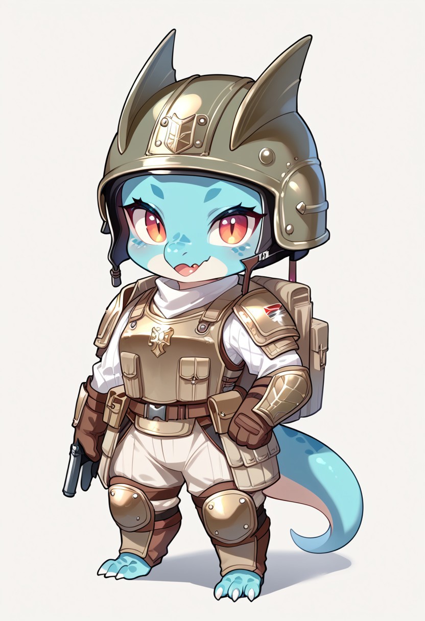 score_9, score_8_up, score_7_up, source_cartoon, cute chibi kobold, chibi body, body armor, combat gloves, combat helmet, looking at viewer,  SomSom Style