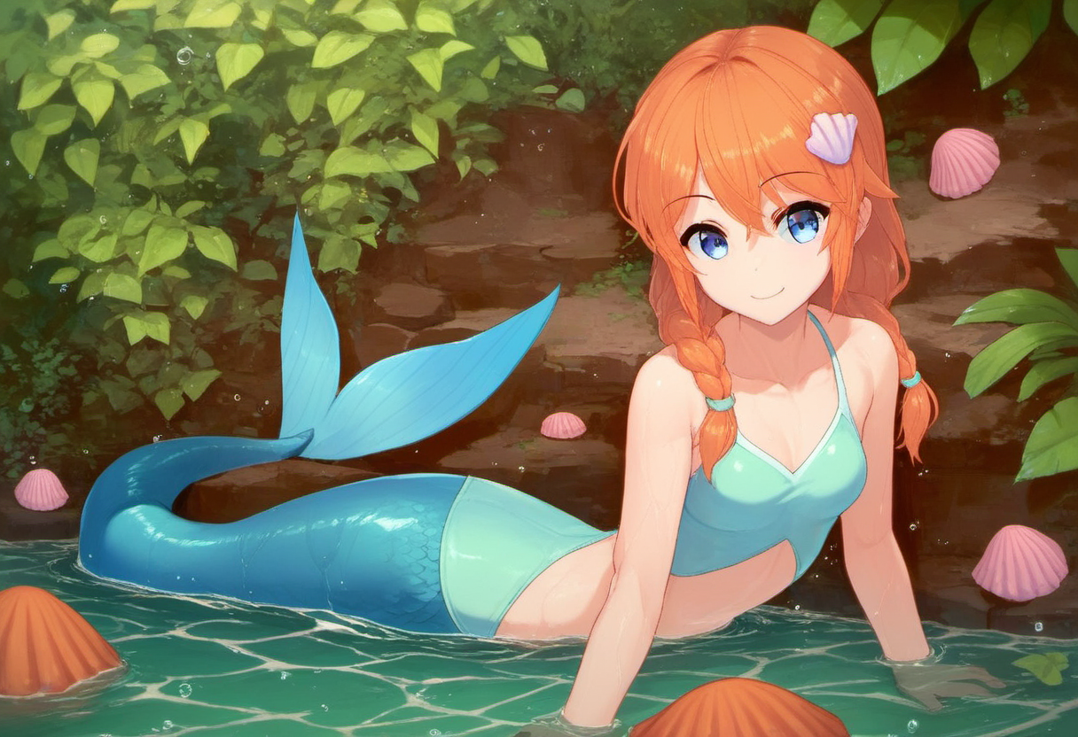 zPDXL, score_9, score_8_up, score_7_up, score_6_up, score_5_up, score_4_up, BREAK <lora:Molly_MacCormack_from_LiL_PonyXL:0.8>, swimsuit_molly, 1girl, solo, hair between eyes, as a mermaid, fish tail, no legs, sitting in water, partially submerged, looking at viewer, smile, seashell hair ornament