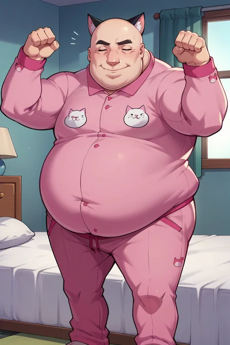 score_9, score_8_up, score_7_up, score_6_up, source_anime, BREAK male focus, solo <lora:p5kobayakawa-pdxl-nvwls-v1-000005:1> p5principal, fat man, obese, bald, pink pajamas, cat print, pajama pants, bed, cat ears, paw pose, closed eyes, happy