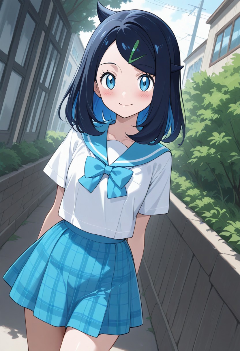 masterpiece, best quality, newest, absurdres, highres, anime,
eye reflection,
aaliko, medium hair, black hair, colored inner hair, hairclip, blue eyes,
1girl, blush, smile,
looking at viewer,
school uniform, blue sailor collar, blue bow, white shirt, short sleeves, plaid skirt, blue skirt,
outdoors, scenery,
dutch angle, cowboy shot, solo,