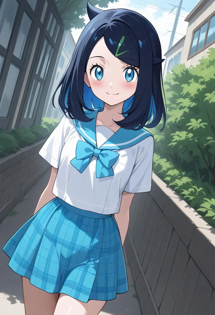masterpiece, best quality, newest, absurdres, highres, anime,
eye reflection,
aaliko, medium hair, black hair, colored inner hair, hairclip, blue eyes,
1girl, blush, smile,
looking at viewer,
school uniform, blue sailor collar, blue bow, white shirt, short sleeves, plaid skirt, blue skirt,
outdoors, scenery,
dutch angle, cowboy shot, solo,