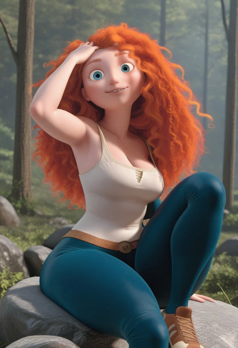 highres, hi res, best quality, masterpiece, official style, screencap, 3d, 
1girl, (MeridaXL:1), red hair, blue eyes, curly hair, big hair, freckles, green dress, long sleeves,
 dutch angle, sexy pose, (one hand on hair,), looking at viewer,  solo, dynamic pose, head tilt, sexually suggestive, outdoors, forest, vegetation, thick thighs, wide hips, large breasts, saggy breasts, curvy, freckles, body freckles, jeans shorts,  white tank top, cleavage, happy, knee up, sneakers, armpit, sitting on rock, smilem teeth, 
 <lora:MeridaBraveXLV2_Character:1>
