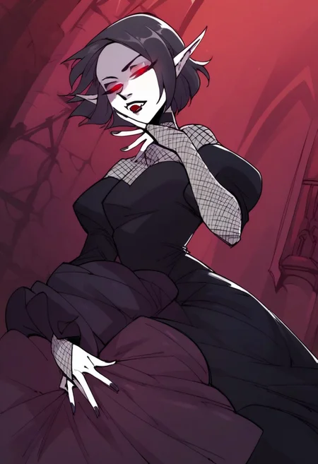 score_9, score_8_up, score_7_up, score_6_up, source_cartoon, rating_explicit,
Missy_Vampair, dress, fishnet, pointy ears, pale skin, red eyes, short hair, fingernails, juliet sleeves, black hair, vampire,