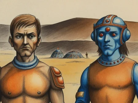 2d retro illustration, watercolor, pencil crayon, male warrior and Centaur Plains with space cadet and Helium-3 Mining Sites  
 simple face detail <lora:Fantastic_Planet_XL-01:1.0>