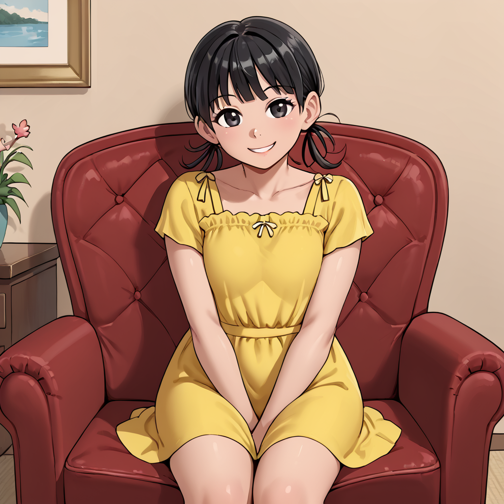 indoors,  <lora:MagaliV2:1> MagaliTDM, 1girl, solo, short-sleeved yellow dress, black hair, three strands of hair that seem to resemble pigtails, black eyes, short, smile, sitting, armchair