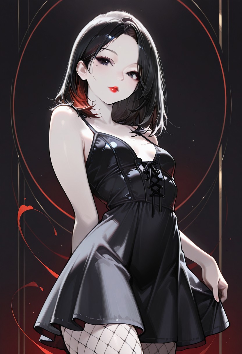 masterpiece, best quality, 32k, high resolution, absurdres, HD32k, masterpiece,  Mathilde, MathildeRH, asian girl, solo, 1girl, black hair, parted hair, medium hair,  double_tendrils, two-tone_hair (red-black), dark eyes, Asian eyes, slim, small perky breasts, posing, soft light, indoor, cowboy shot, looking at the viewer, detailed lips, dark makeup, eyeliner, red lips, flirty, mole under eye, pale skin, expressive, posing sexy, short goth dress, laces, fishnets