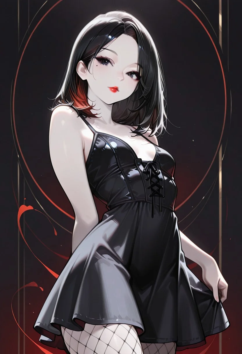 masterpiece, best quality, 32k, high resolution, absurdres, HD32k, masterpiece, Mathilde, MathildeRH, asian girl, solo, 1girl, black hair, parted hair, medium hair, double_tendrils, two-tone_hair (red-black), dark eyes, Asian eyes, slim, small perky breasts, posing, soft light, indoor, cowboy shot, looking at the viewer, detailed lips, dark makeup, eyeliner, red lips, flirty, mole under eye, pale skin, expressive, posing sexy, short goth dress, laces, fishnets