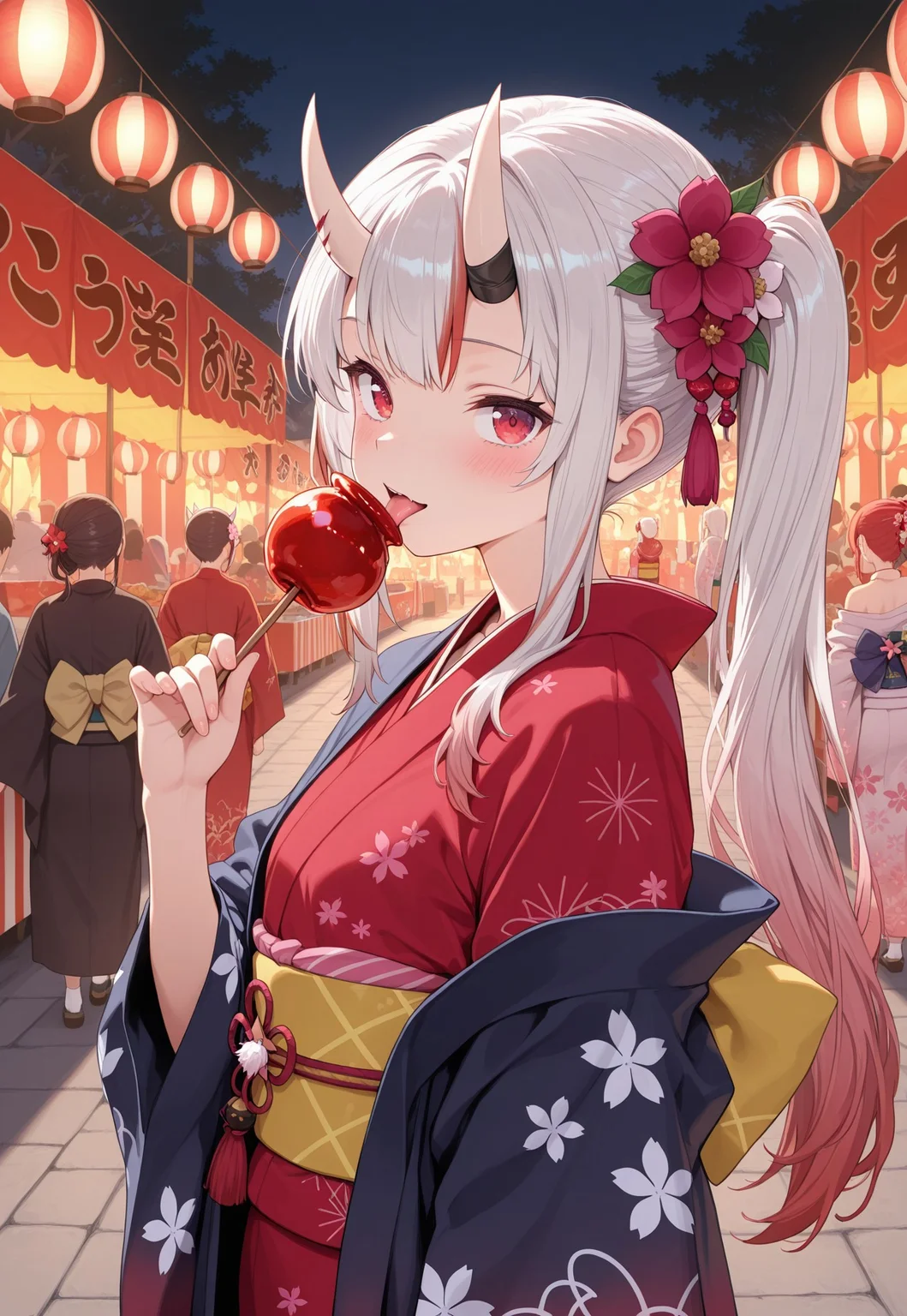 masterpiece, best quality, amazing quality, masterpiece, High quality, Ultra detailed, 2d, newest, absurdres, highres, from side, outdoors, festival, night, looking at viewer, food, candy apple, licking, 1girl, solo, nakiri ayame, oni, oni horns, white hair, red hair, streaked hair, gradient hair, red eyes, ayamenewyear, long hair, side ponytail, hair flower, haori, off shoulder, red kimono, sash,