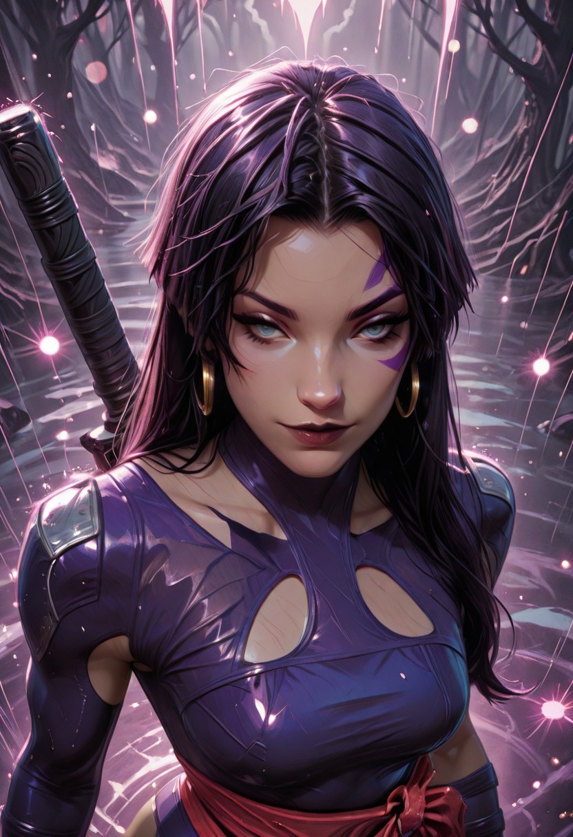 best quality, masterpiece, highly detailed, from above, 
BREAK,
1girl. solo, psylocke_vengeance, blue eyes, black hair, straight hair, long hair, hoop earrings, jewelry, purple leotard, one side facepaint, weapon on back,  smirk, wet clothes, wet hair, 
BREAK,
close up, bokeh, raining, dark forest, valley background, violet mist, volumetric lighting, raytracing,