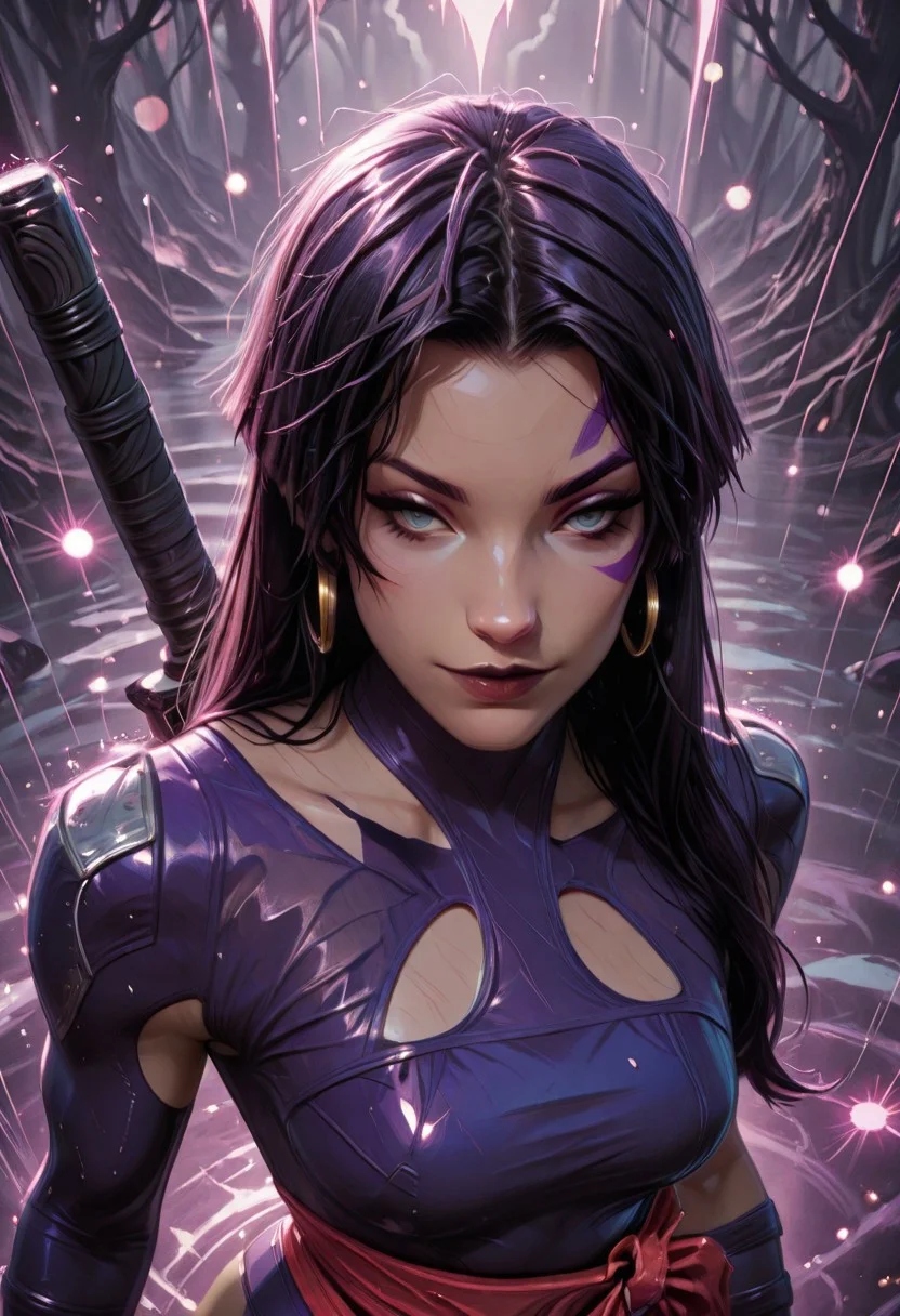 best quality, masterpiece, highly detailed, from above, 
BREAK,
1girl. solo, psylocke_vengeance, blue eyes, black hair, straight hair, long hair, hoop earrings, jewelry, purple leotard, one side facepaint, weapon on back,  smirk, wet clothes, wet hair, 
BREAK,
close up, bokeh, raining, dark forest, valley background, violet mist, volumetric lighting, raytracing,