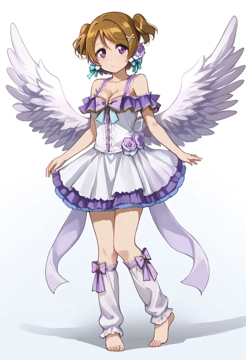 koizumi hanayo, whiteday, twintails, short hair, purple eyes, brown hair, white dress, bare shoulders, cleavage, angel wings, flower, ribbon, bow, 1girl, solo, barefoot, leg warmers, score_9, source_anime