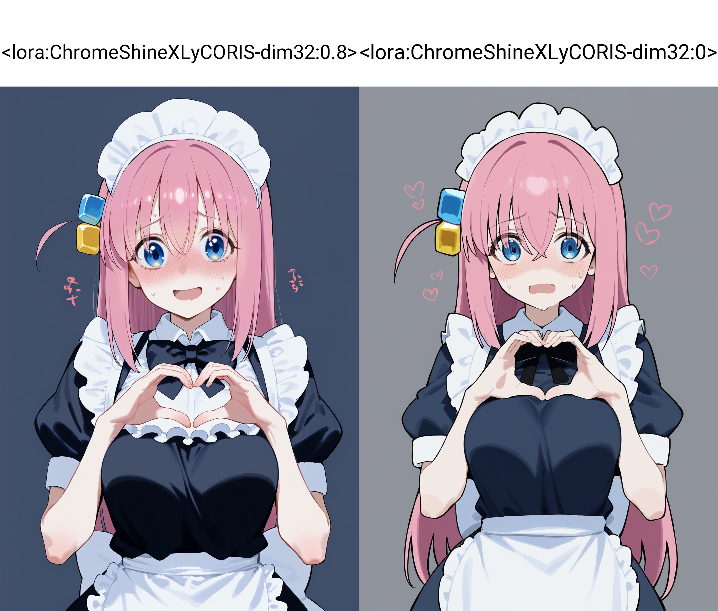 <lora:ChromeShineXLyCORIS-dim32:0.8> score_9,  1girl, gotoh hitori, bocchi the rock!, (nervous), gloom \(expression\), apron, black bow, black bowtie, black dress, blue eyes, blush, bow, bowtie, breasts, collared dress, cropped torso, cube hair ornament, dress, grey background, hair between eyes, hair ornament, hands up, heart, heart hands, long hair, looking at viewer, maid, maid headdress, medium breasts, open mouth, pink hair, puffy short sleeves, puffy sleeves, short sleeves, sidelocks, simple background, slime \(substance\), smile, solo, sweat, upper body, white apron,