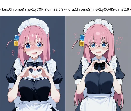 <lora:ChromeShineXLyCORIS-dim32:0.8> score_9, 1girl, gotoh hitori, bocchi the rock!, (nervous), gloom \(expression\), apron, black bow, black bowtie, black dress, blue eyes, blush, bow, bowtie, breasts, collared dress, cropped torso, cube hair ornament, dress, grey background, hair between eyes, hair ornament, hands up, heart, heart hands, long hair, looking at viewer, maid, maid headdress, medium breasts, open mouth, pink hair, puffy short sleeves, puffy sleeves, short sleeves, sidelocks, simple background, slime \(substance\), smile, solo, sweat, upper body, white apron,